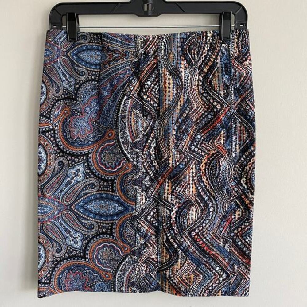 J.Jill Breeze Ponte Knit Pencil Skirt‎ Paisley Medallion Black Blue XS NWT